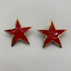 Vintage Ellen Designs Red Enamel Star Clip On Earrings Gold Tone 80s 90s Chunky